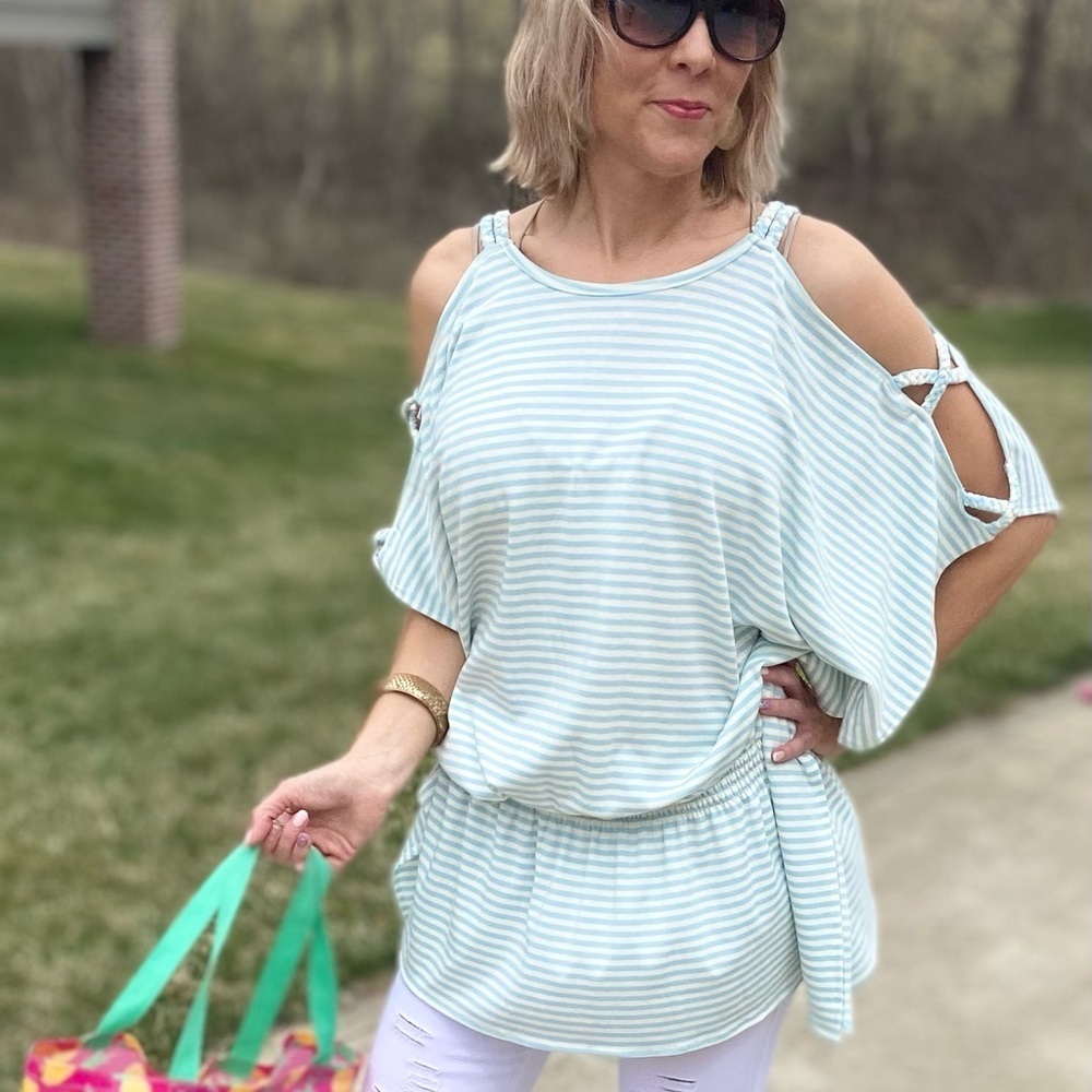 Aqua/ivory stripe oversized tunic